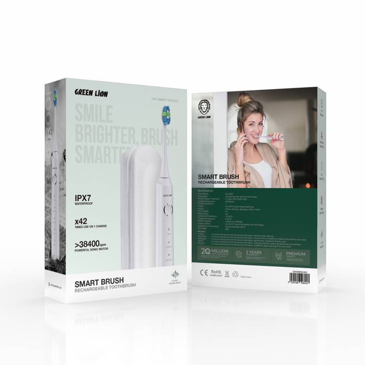 Green Lion Smart Brush Rechargeable Toothbrush with 5 Brush Mode Levels, Waterproof, Dental Plaque Cleaning Brush, Powerful Sonic Motor - White