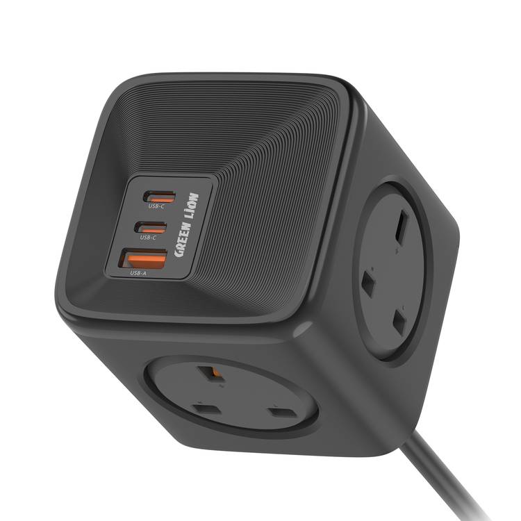 Green Lion 7-in-1 Compact PPS Power Socket with 30W Power Delivery, 1.5m Cable Length, 4 UK Plug Sockets, Universal Compatibility, Flame Retardant PC Material - Black