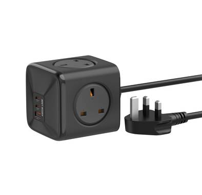 Green Lion 7-in-1 Compact PPS Power Socket with 30W Power Delivery, 1.5m Cable Length, 4 UK Plug Sockets, Universal Compatibility, Flame Retardant PC Material - Black