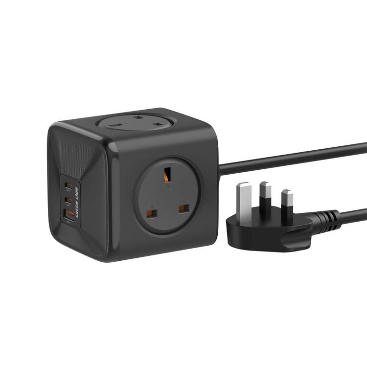 Green Lion 7-in-1 Compact PPS Power Socket with 30W Power Delivery, 1.5m Cable Length, 4 UK Plug Sockets, Universal Compatibility, Flame Retardant PC Material - Black