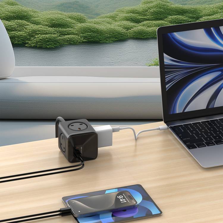 Green Lion 7-in-1 Compact PPS Power Socket with 30W Power Delivery, 1.5m Cable Length, 4 UK Plug Sockets, Universal Compatibility, Flame Retardant PC Material - Black