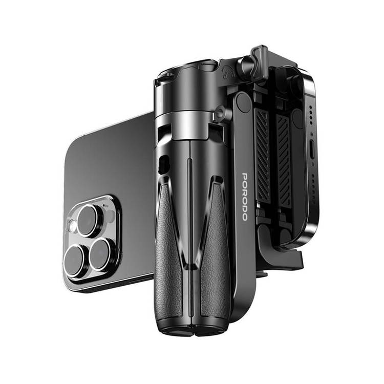 Porodo Foldable Selfie Stick with Tripod, ABS  & Aluminum Alloy Material, Up to 5,000 photos Working Time, 1Hour Charging Time - Black