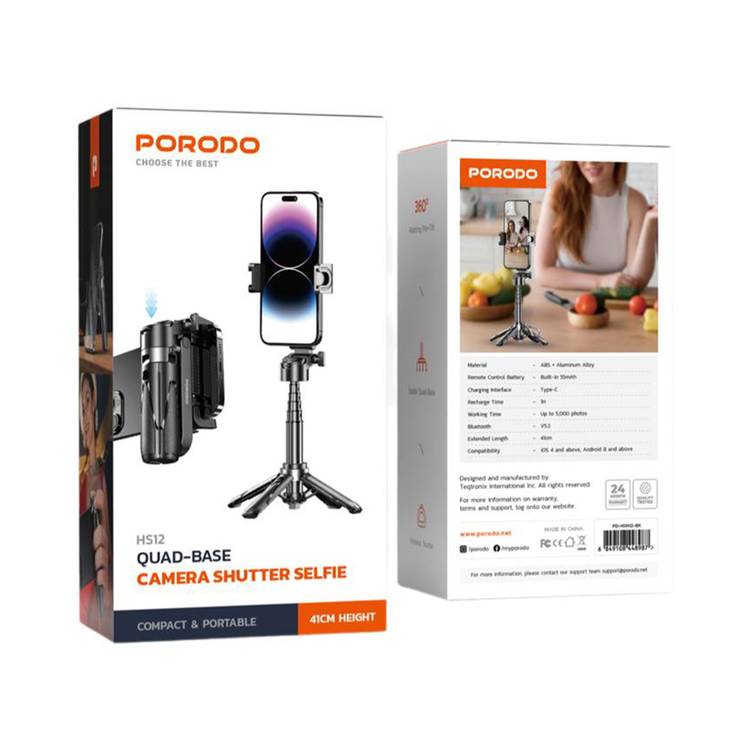 Porodo Foldable Selfie Stick with Tripod, ABS  & Aluminum Alloy Material, Up to 5,000 photos Working Time, 1Hour Charging Time - Black