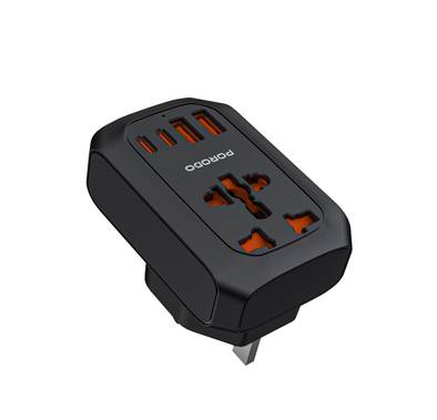 Porodo Universal AC Adapter Multi-Device Charging UK Plug, 20W PD, Universal Socket + 2 USB-A & 2 USB-C Ports, 100-260V, 50/60Hz Rated Frequency, Built-In Safeguards, Simultaneous Charging, Universal Socket - Black 