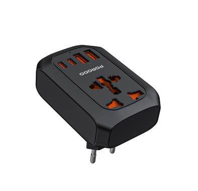 Porodo Universal AC Adapter Multi-Device Charging EU Plug, 20W PD, Universal Socket + 2 USB-A & 2 USB-C Ports, 100-260V, 50/60Hz Rated Frequency, Built-In Safeguards, Simultaneous Charging, Universal Socket - Black 