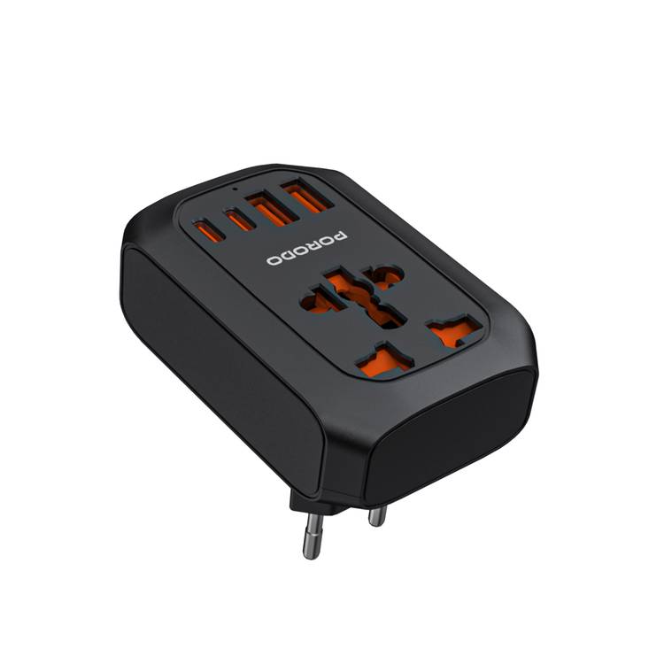 Porodo Universal AC Adapter Multi-Device Charging EU Plug, 20W PD, Universal Socket + 2 USB-A & 2 USB-C Ports, 100-260V, 50/60Hz Rated Frequency, Built-In Safeguards, Simultaneous Charging, Universal Socket - Black 