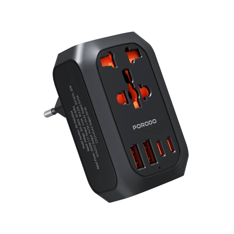Porodo Universal AC Adapter Multi-Device Charging EU Plug, 20W PD, Universal Socket + 2 USB-A & 2 USB-C Ports, 100-260V, 50/60Hz Rated Frequency, Built-In Safeguards, Simultaneous Charging, Universal Socket - Black 