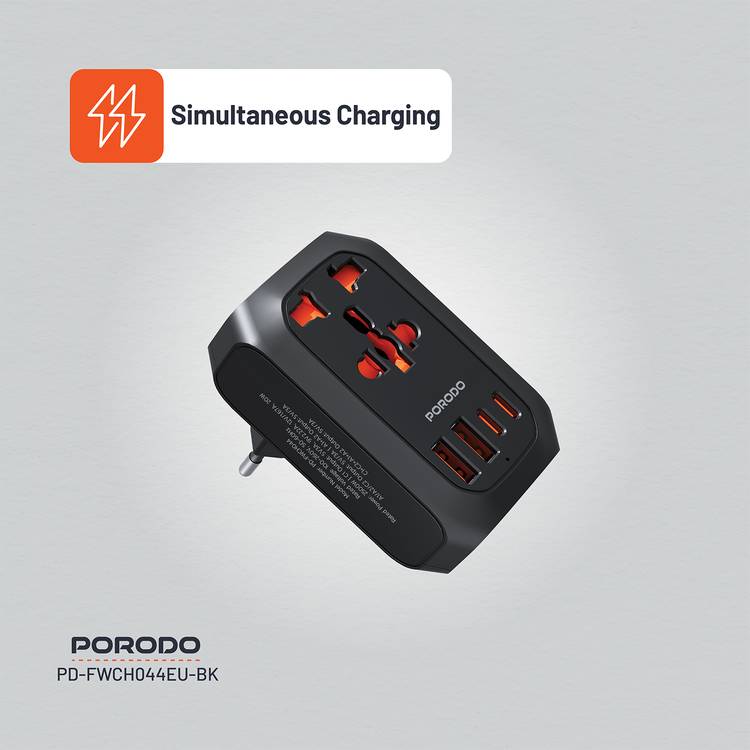 Porodo Universal AC Adapter Multi-Device Charging EU Plug, 20W PD, Universal Socket + 2 USB-A & 2 USB-C Ports, 100-260V, 50/60Hz Rated Frequency, Built-In Safeguards, Simultaneous Charging, Universal Socket - Black 