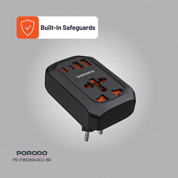 Porodo Universal AC Adapter Multi-Device Charging EU Plug, 20W PD, Universal Socket + 2 USB-A & 2 USB-C Ports, 100-260V, 50/60Hz Rated Frequency, Built-In Safeguards, Simultaneous Charging, Universal Socket - Black 