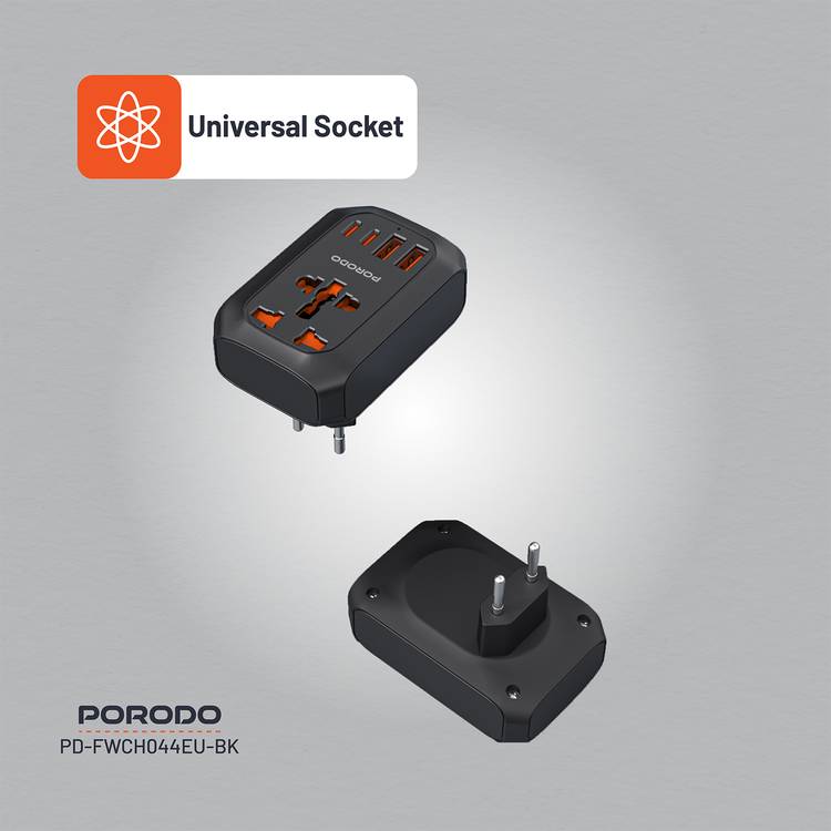 Porodo Universal AC Adapter Multi-Device Charging EU Plug, 20W PD, Universal Socket + 2 USB-A & 2 USB-C Ports, 100-260V, 50/60Hz Rated Frequency, Built-In Safeguards, Simultaneous Charging, Universal Socket - Black 