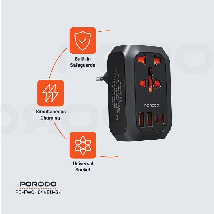 Porodo Universal AC Adapter Multi-Device Charging EU Plug, 20W PD, Universal Socket + 2 USB-A & 2 USB-C Ports, 100-260V, 50/60Hz Rated Frequency, Built-In Safeguards, Simultaneous Charging, Universal Socket - Black 