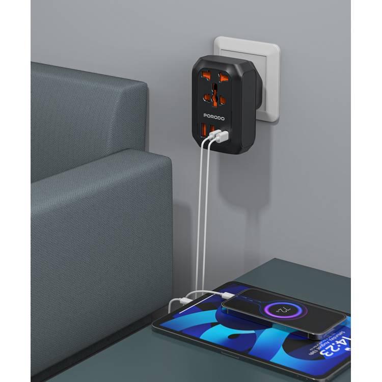 Porodo Universal AC Adapter Multi-Device Charging EU Plug, 20W PD, Universal Socket + 2 USB-A & 2 USB-C Ports, 100-260V, 50/60Hz Rated Frequency, Built-In Safeguards, Simultaneous Charging, Universal Socket - Black 