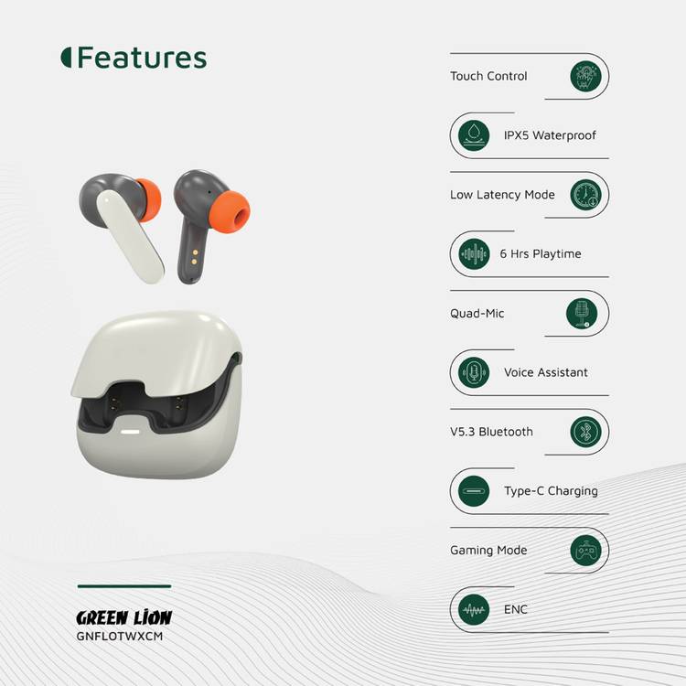 Green Lion Florence True Wireless Earbuds with Touch Control, Low Latency Mode, Voice Assistant, Quad -Mic with ENC Technology, Gaming Mode, Up to 6 Hours Play Time, 100 Hours Standby Time, Type-C Charging Port, Above 10m Transmission Range - Cream