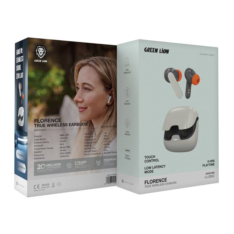 Green Lion Florence True Wireless Earbuds with Touch Control, Low Latency Mode, Voice Assistant, Quad -Mic with ENC Technology, Gaming Mode, Up to 6 Hours Play Time, 100 Hours Standby Time, Type-C Charging Port, Above 10m Transmission Range - Cream