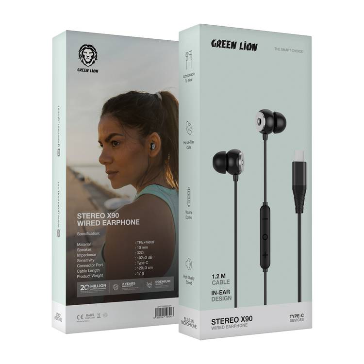 Green Lion Stereo X90 Type-C Wired Earphones with Built-in Microphone, 1.2m Cable Length, Voice Assistant, Hands-Free Calling, 10mm Speaker, Volume Control - Black