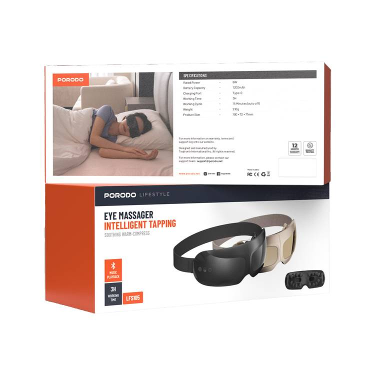 Porodo Lifestyle Eye Massager Intelligent Tapping with 5 Eye Therapy Modes, Mirror Electroplate, 3 Hours Working Time, Music Playback, 6W Power - Gold