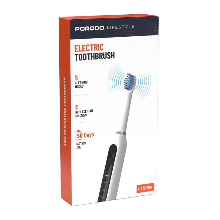 Porodo Lifestyle Electric Toothbrush with 5 Cleaning Modes, Up to 50 Days Working Time, High-Quality Bristles, 2 Extra Replacement Brush Heads, 500mAh Battery Capacity - White