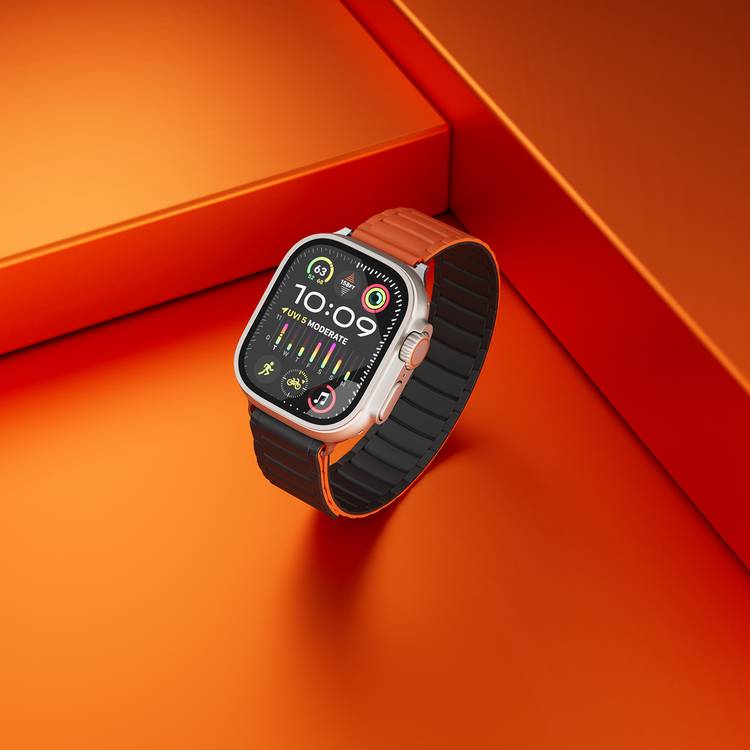 Levelo Stella Silicone Watch Strap with Magnets, Compatible with 49/46mm Smartwatches & Apple Watch SE, Series 9, 8, 7, 6, 5, Dual-Color Wearable, Hypoallergenic Material, Easy Snap-On, Sweat-Resistant, Water-Resistant - Black / Orange