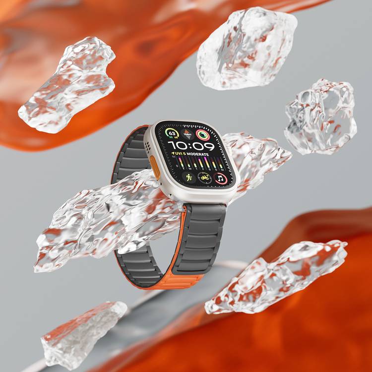 Levelo Stella Silicone Watch Strap with Magnets, Compatible with 49/46mm Smartwatches & Apple Watch SE, Series 9, 8, 7, 6, 5, Dual-Color Wearable, Hypoallergenic Material, Easy Snap-On, Sweat-Resistant, Water-Resistant - Black / Orange