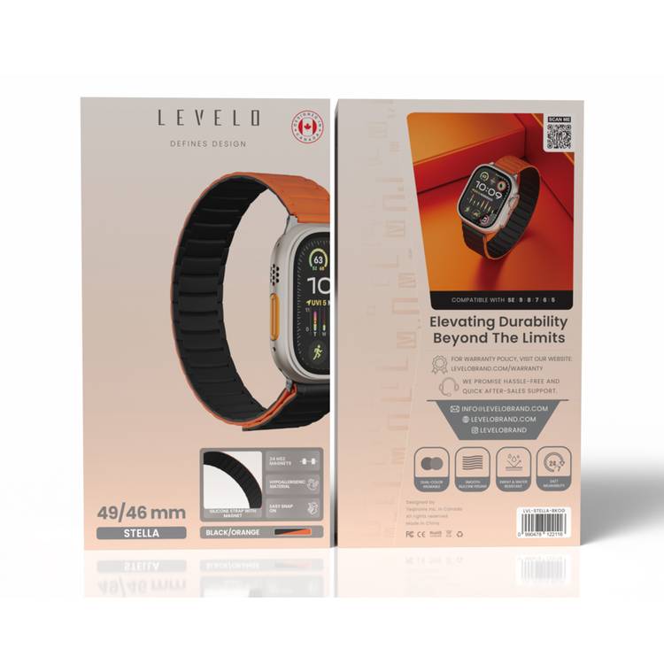 Levelo Stella Silicone Watch Strap with Magnets, Compatible with 49/46mm Smartwatches & Apple Watch SE, Series 9, 8, 7, 6, 5, Dual-Color Wearable, Hypoallergenic Material, Easy Snap-On, Sweat-Resistant, Water-Resistant - Black / Orange