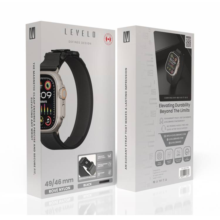 Levelo Rove Nylon Watch Strap with Magnetic Buckle, Compatible with 49/46mm Smartwatches & Apple Watch SE, Series 9, 8, 7, 6, 5, Abrasion Resistance, Hypoallergenic Material, Easy Snap-On & Quick Release Mechanism, Water-Resistant, Sweat-Resistant, 24/7 Wearability - Black