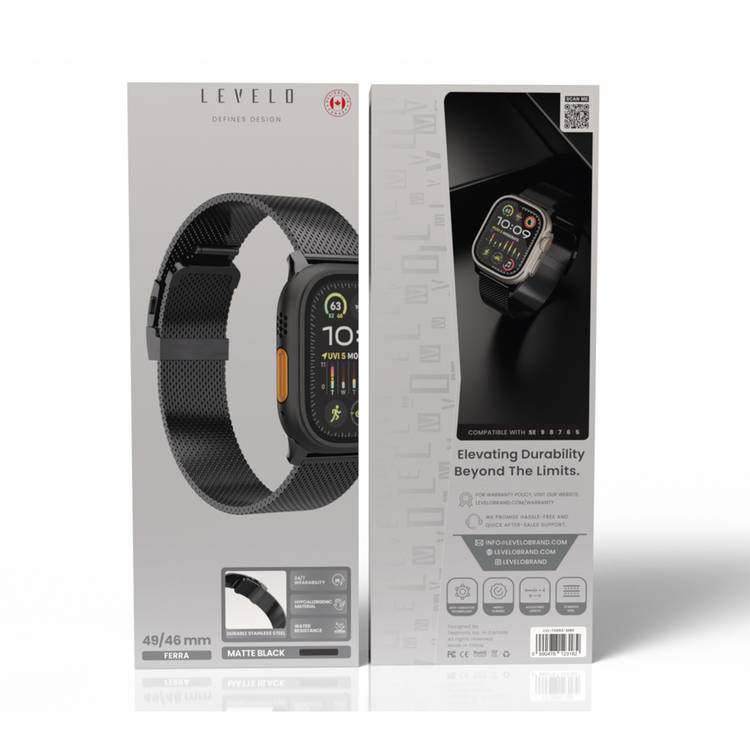 Levelo Ferra Milanese Watch Strap with Adjustable Length, Compatible with 49/46mm Smartwatches & Apple Watch SE, Series 9, 8, 7, 6, 5, Hypoallergenic Material, 24/7 Wearability, Water-Resistant, Anti-Oxidation Technology - Matte Black