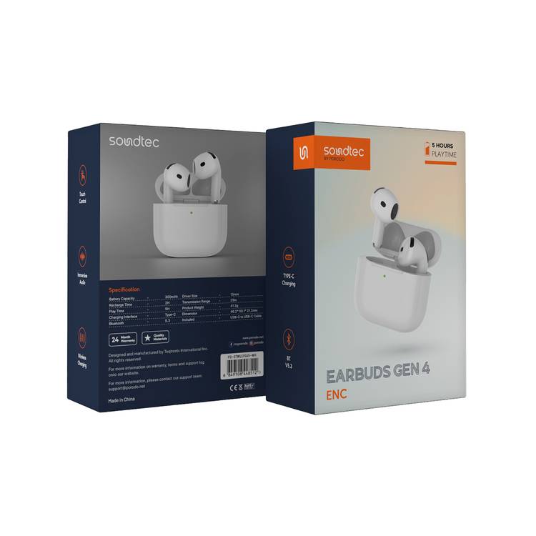 Porodo Soundtec Earbuds Gen 4 with Environmental Noise Cancellation, 5 Hours Play Time, 25m Transmission Range, Touch Control, Wireless Charging - White