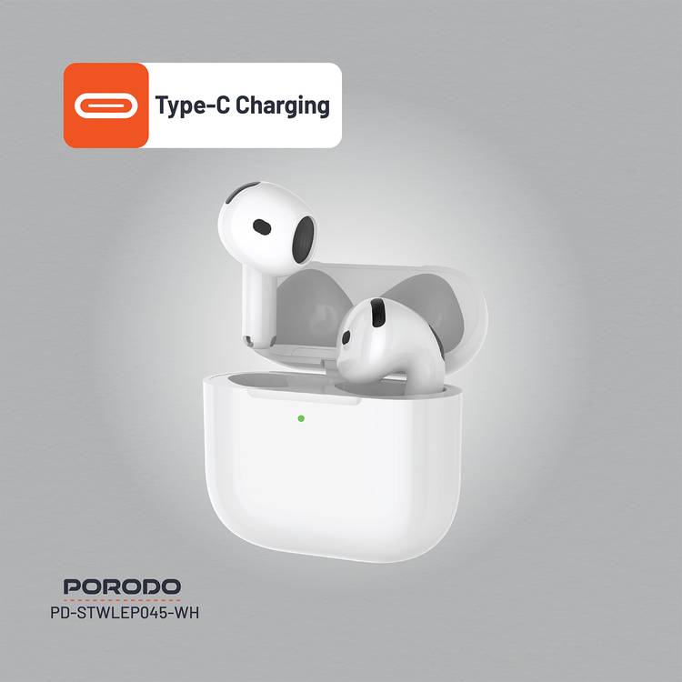 Porodo Soundtec Earbuds Gen 4 with Environmental Noise Cancellation, 5 Hours Play Time, 25m Transmission Range, Touch Control, Wireless Charging - White
