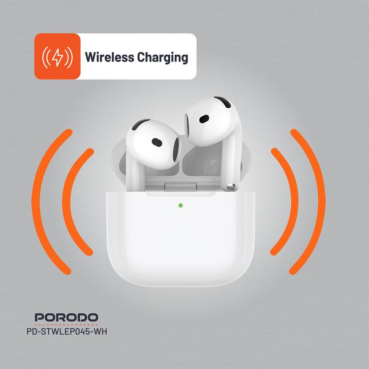 Porodo Soundtec Earbuds Gen 4 with Environmental Noise Cancellation, 5 Hours Play Time, 25m Transmission Range, Touch Control, Wireless Charging - White