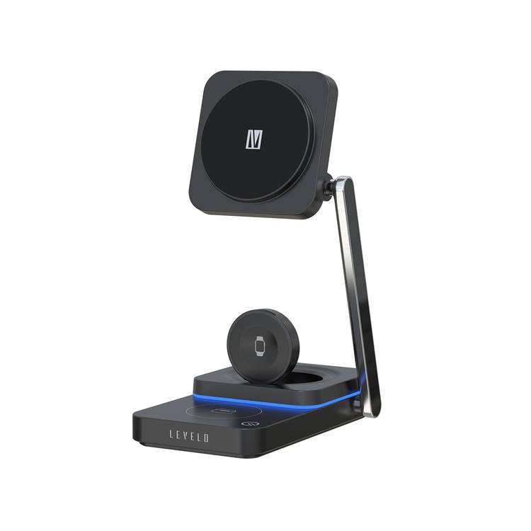 Levelo Aurora 3-in-1 Wireless Charger with Strong Magnetic Force, 90° Rotation, 15W Fast Charging, Auto Detecting Object, Overcharge Protection - Black