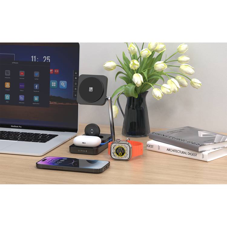 Levelo Aurora 3-in-1 Wireless Charger with Strong Magnetic Force, 90° Rotation, 15W Fast Charging, Auto Detecting Object, Overcharge Protection - Black