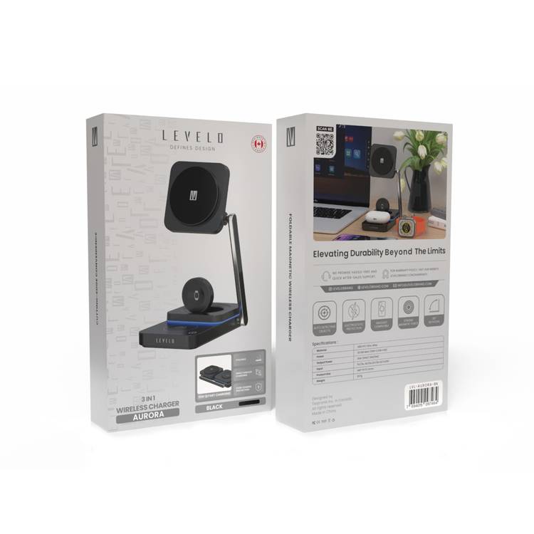 Levelo Aurora 3-in-1 Wireless Charger with Strong Magnetic Force, 90° Rotation, 15W Fast Charging, Auto Detecting Object, Overcharge Protection - Black