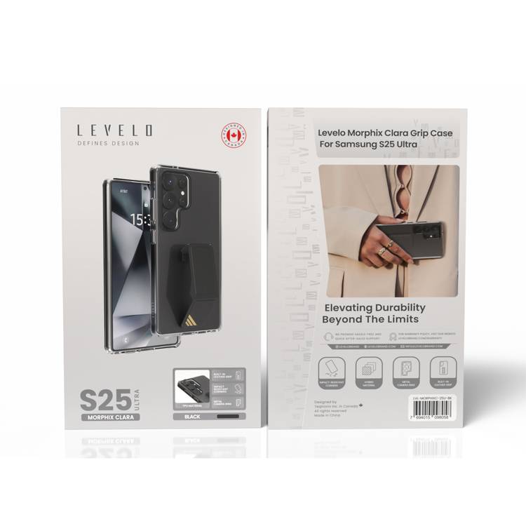 Levelo Morphix Clara Case with Built-in Leather Grip for Samsung Galaxy S25 Ultra, TPU Material, Impact-Resistant Corners, Metal Camera Ring, Hybrid Material - Black