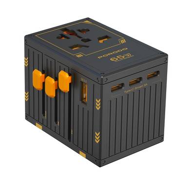 Porodo Travel Universal Charger, Dual Fuse, PD 65W, 4 USB-C & 1 USB-A  Ports, UK, EU, US & AU Supported Plugs, GaN Technology - Black