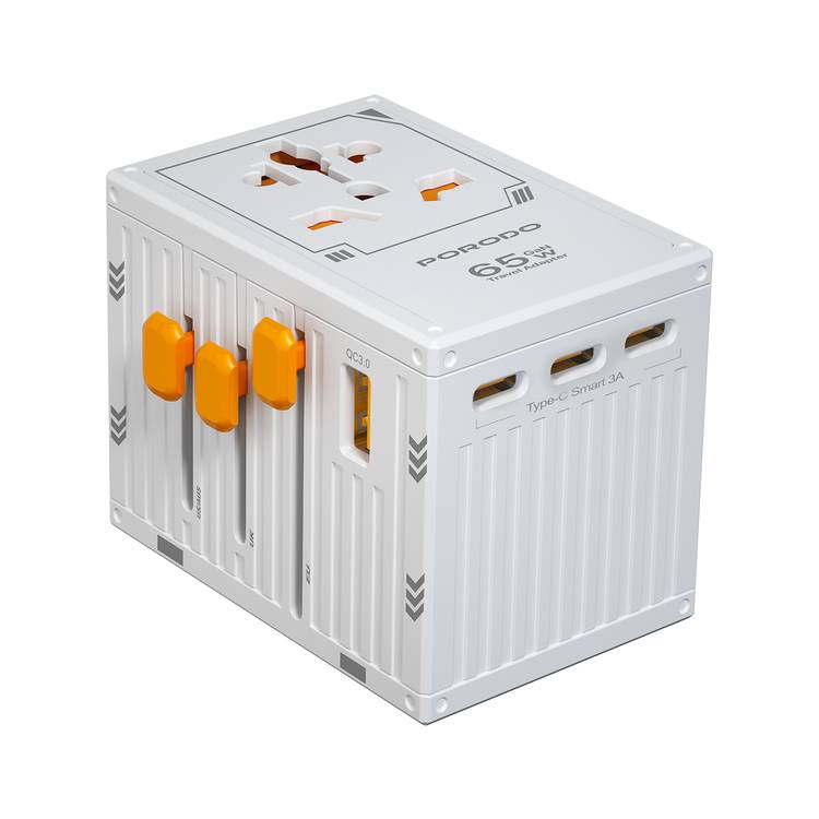 Porodo Travel Universal Charger, Dual Fuse, PD 65W, 4 USB-C & 1 USB-A  Ports, UK, EU, US & AU Supported Plugs, GaN Technology - White