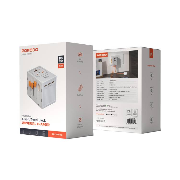 Porodo Travel Universal Charger, Dual Fuse, PD 65W, 4 USB-C & 1 USB-A  Ports, UK, EU, US & AU Supported Plugs, GaN Technology - White