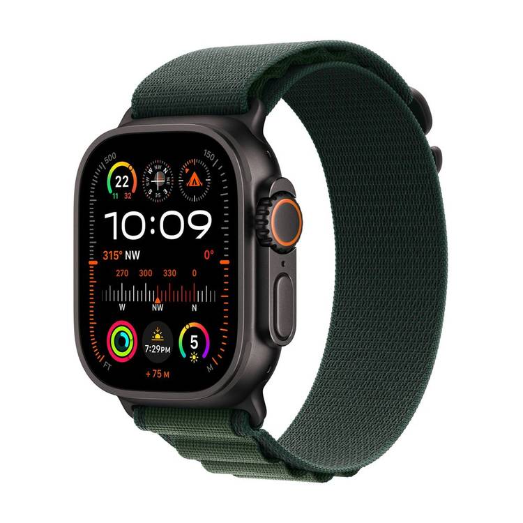 Apple Watch Ultra 2 2024 GPS + Cellular 49mm Black Titanium Case with Dark Green Alpine Loop, S - Black Titanium