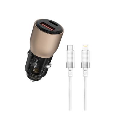 Porodo 95W Car Charger Transparent  with 90cm Lightning Cable, Simultaneous Fast Charging, Universal Compatibility - Desert Titanium