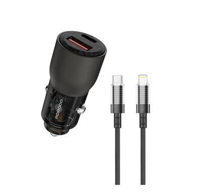 Porodo 95W Car Charger Transparent  with 90cm Lightning Cable, Simultaneous Fast Charging, Universal Compatibility - Gray