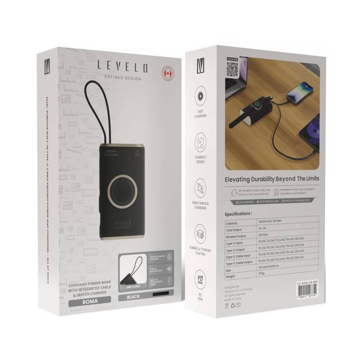 Levelo Roma 10000mAh Power Bank, Grip Cable, Fast Charging, Rubber & Titanium Coating, Simultaneous Charging  - Black / Desert Titanium