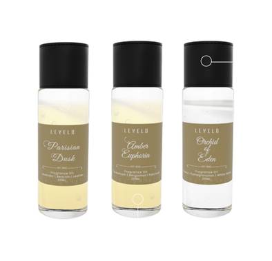 Levelo 3-in-1 20mL fragrance set, Parisian Dusky Orchid of Eden & Amber Euphoria Scents - Clear
