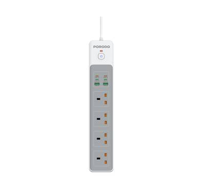 Porodo 4 AC Power Socket with Built-in Safeguards, 3m Power Cord Length, Safety Power Switch, 3000W Rated Power, 65W Total DC Power, PD 35W - White 