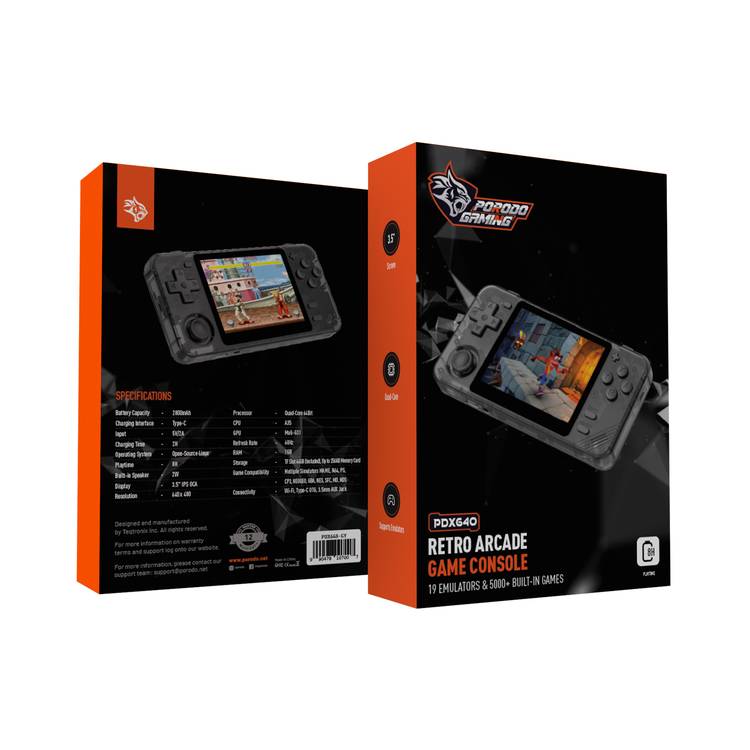 Porodo PDX640 Retro Arcade Game Console with 19 Emulators & 5000+ Built-in Games, 3.5" Screen Size, 60Hz Refresh Rate, Up to 8 Hours Playtime, Immersive Sound Play, Ergonomic Design, 2800mAh Battery Capacity - Gray