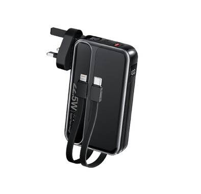Green Lion Charge Mate Power Bank 10000mAh PD 22.5W, AC Power Input, Built-in Cables, Digital Display, US Plug, EU Plug, UK Plug, UK Plug - Black