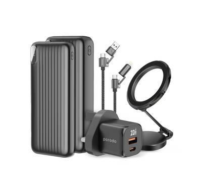 Porodo 6 Essentials in 1 Ultimate Combo with Dual Port GaN Charger, MagSafe Magnetic Mount, 10000mAh & 20000mAh Power Banks, 1.2m Charging Cable, Travel Pouch Included - Black