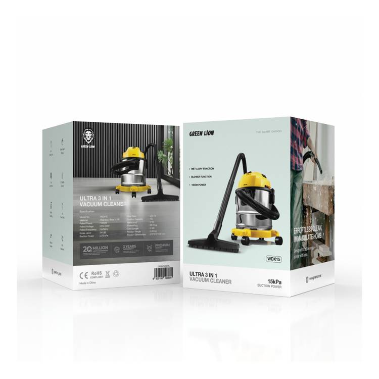 Green Lion Ultra 3-in-1 Vacuum Cleaner, 2-in-1 Crevice Tool, Multiple Nozzles, Fabric Dust Bag, 12L Dustbin Capacity, 1.5m Long Hose, Swivel Caster Wheels, BS Plug - Yellow 