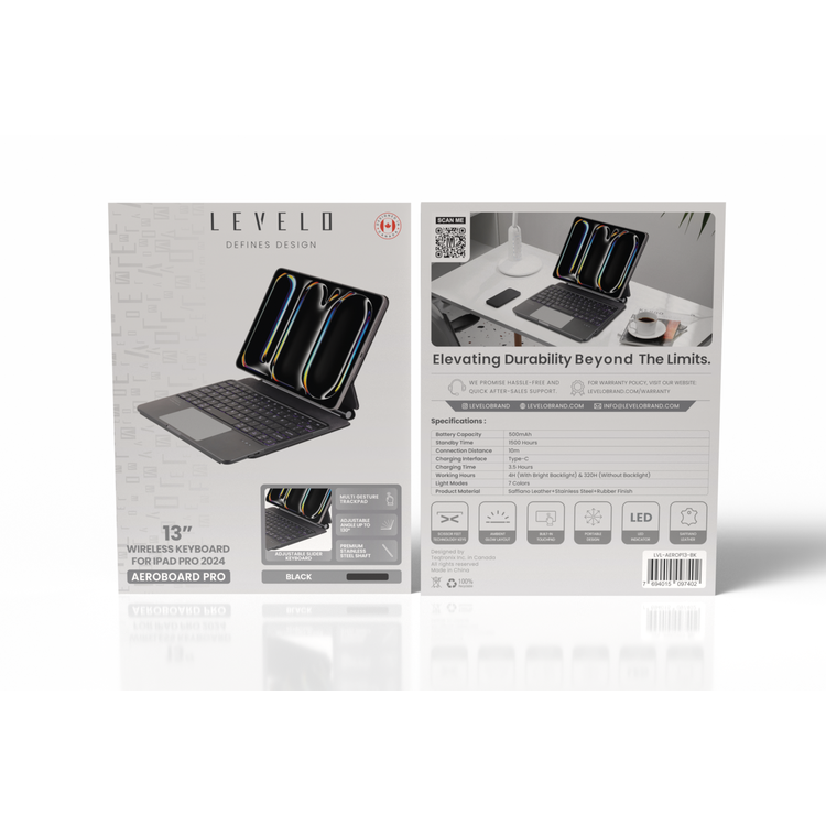 Levelo AeroBoard Pro Saffiano Leather Wireless Keyboard for iPad Pro 13" 2024, Stainless  Steel + Rubber Finish, 500mAh Battery Capacity, Type-C Charging Interface, Up to 320 Hours Working Time, 7 Color Light Modes - Black