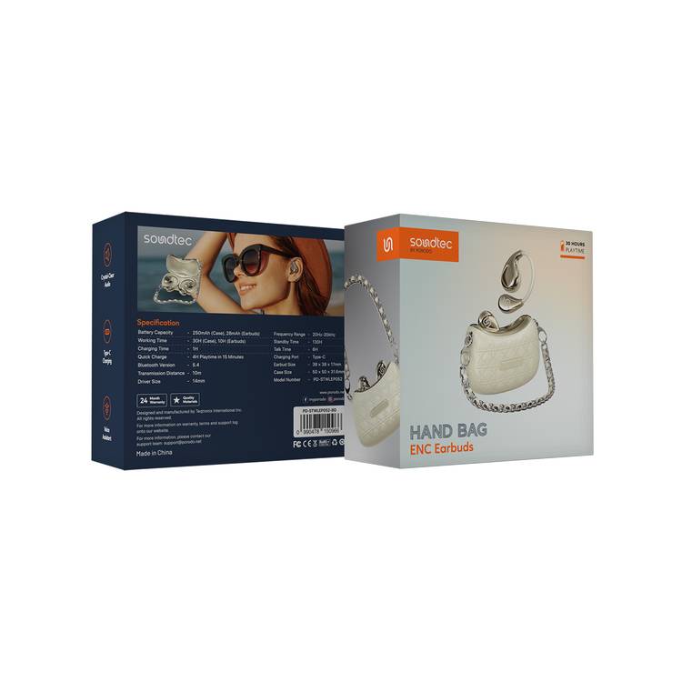 Porodo Soundtec Hand Bag ENC Earbuds with Voice Assistant, Up to 30 Hours Play Time, Fast Charge, 10m Transmission Distance, Up to 6 Hours Talk Time, Crystal-Clear Audio, Type-C Charging Port, 130 Hours Standby Time, 14mm Driver Size - Beige