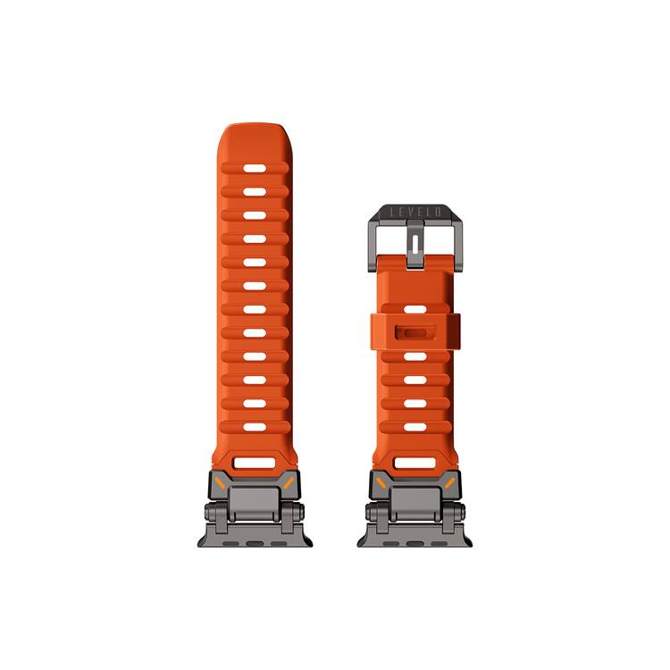 Levelo Kyoto Watch Strap, Apple Watch SE 9/8/7/6/5 (46/49mm), Fluoro Rubber & Stainless Steel Finish, Chemical Resistance, Hypoallergenic, 24/7 Wearability - Sunset Orange