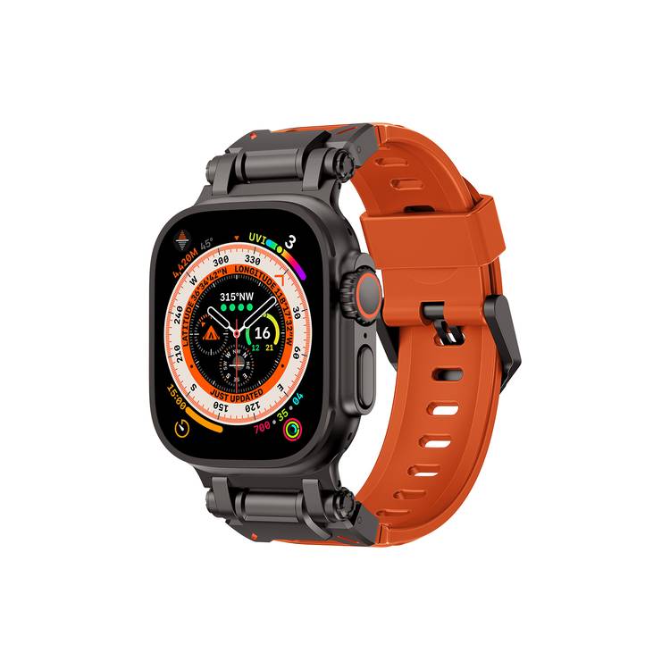 Levelo Kyoto Watch Strap, Apple Watch SE 9/8/7/6/5 (46/49mm), Fluoro Rubber & Stainless Steel Finish, Chemical Resistance, Hypoallergenic, 24/7 Wearability - Sunset Orange